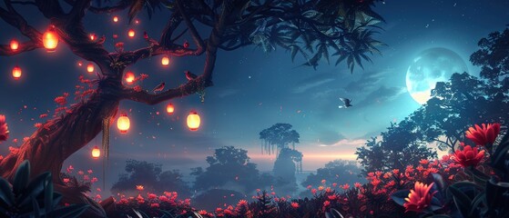 Poster -   A night sky filled with a vibrant full moon and an array of lush, red flowers in the foreground