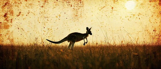 Poster -   A kangaroo in a field of tall grass with the sun shining through the trees and the grass blowing in the wind is a beautiful image The kangaroo's hopping