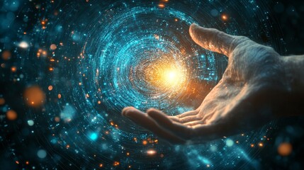 Wall Mural - 3d animation of a hand holding a glowing sphere in outer space with sparks