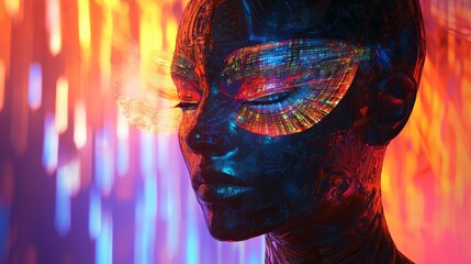 Poster - Vibrant Digital Art Display Featuring A Masked Model Against Bright Colorful Background