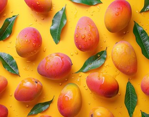 Wall Mural - Mangoes and Leaves on a Yellow Background