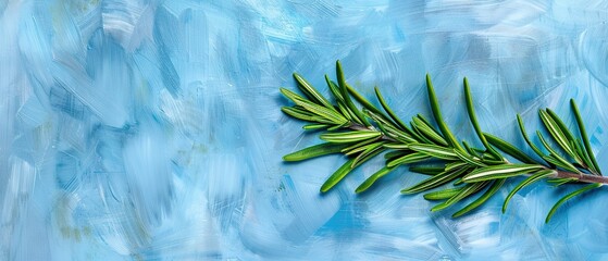 Poster -   A lush sprig of emerald foliage graced a cerulean canvas, framed by a serene blue-white watercolor vignette