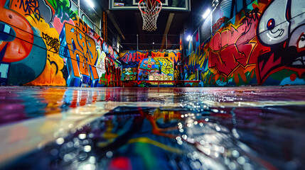 A basketball court with graffiti on the walls and a basketball hoop