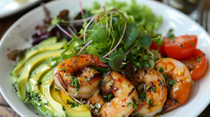 Poster - a delicious-looking plate of food featuring shrimp, avocado, various greens, and sliced tomatoes. It appears to be a fresh and healthy dish