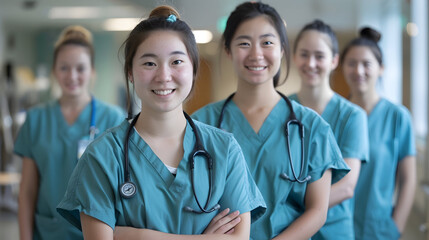 Canvas Print - Portrait of a young nursing student standing with her team in hospital, dressed in scrubs