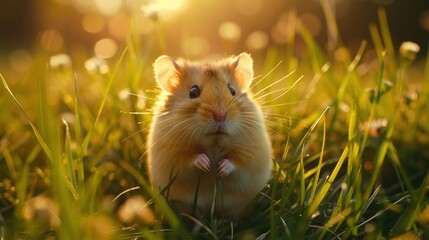 Wall Mural -   A picture of a hamster in a field surrounded by green grass while the sun shines through the blades above