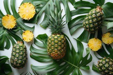 Wall Mural - Tropical Pineapple and Monstera Leaf Still Life