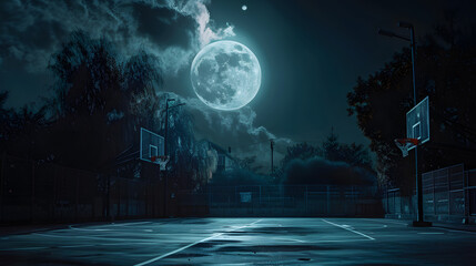 Wall Mural - A basketball court with a full moon in the sky
