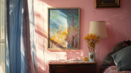 Sticker -   A painting hangs on a pink wall beside a nightstand with a vase of flowers and a lamp on it