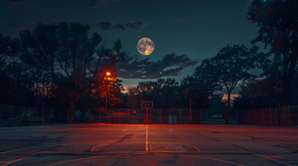 Wall Mural - A basketball court with a full moon in the sky