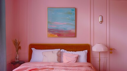 Wall Mural -   A bedroom with pink walls, a pink comforter and pillows, and a painting on the wall