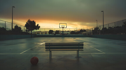 Wall Mural - A bench in a park with a basketball court in the background
