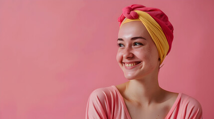 Canvas Print - Studio portrait of a happy cancer patient against a pink background