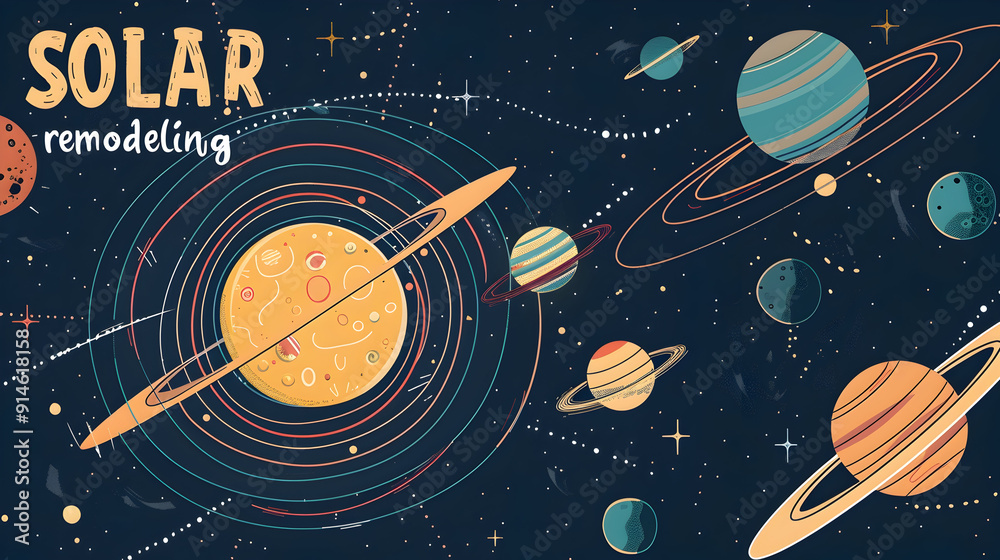 Ilustración de Stock solar system vector flat design with text 