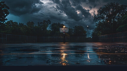 Wall Mural - A basketball court is shown in the rain with a red and white basketball hoop