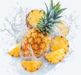 Wall Mural - Pineapple Splash in Water with Slices