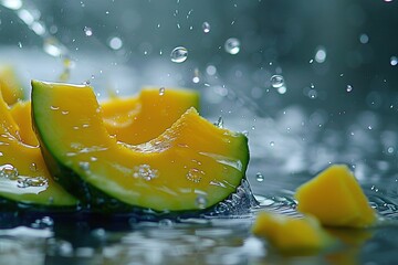 Poster -   Close-up shot of a juicy piece of fruit being hit by water droplets, accompanied by a couple of smaller fruits in the foreground