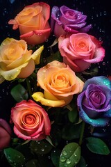 Poster -   A macro shot of a rose cluster featuring dew-kissed petals and lush foliage against a dark backdrop