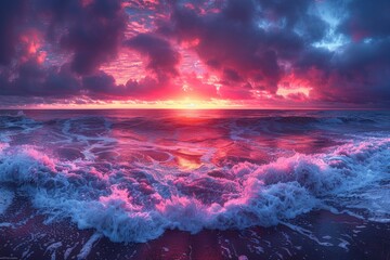 Wall Mural - Pink Sunset Over Ocean Waves Crashing on the Shore