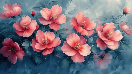 Sticker -   A stunning oil painting of vibrant pink flowers against a serene blue and gray backdrop The lush foliage adds depth, while the delicate blossoms capture the viewer'