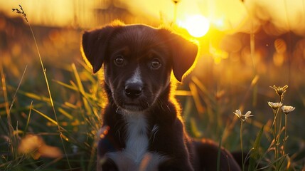 Canvas Print -   Black-and-white dog in grass with sunset behind it and flowers in front