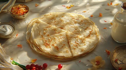 Poster -   A tortilla rests atop a table beside a jar of milk and a glass of milk