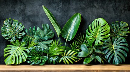 Poster -   A wooden table, topped with lush green foliage, stands against a black backdrop and adjoins a wooden shelf