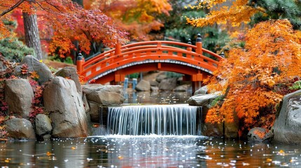 Poster -   Red bridge over waterfall and another red bridge in backdrop