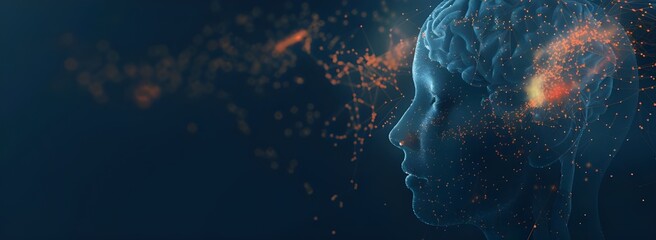 Wall Mural - Abstract human head with neural connections and artificial intelligence concept on dark blue background, vector illustration or banner design for digital technology theme. 