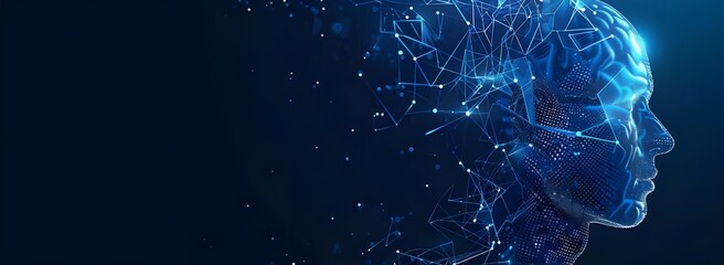 Poster - Artificial Intelligence and clusters of neural networks connecting to a human head on a dark blue background vector illustration with copy space for text web banner, poster or cover design.