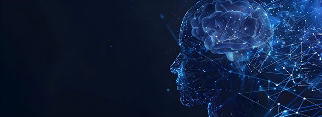 Wall Mural - Abstract human head with neural connections and artificial intelligence concept on dark blue background, vector illustration or banner design for digital technology theme. 