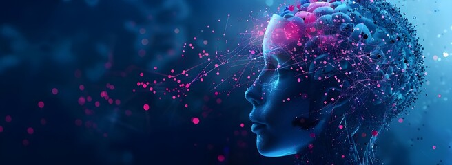 Poster - Abstract human head with neural connections and artificial intelligence concept on dark blue background, vector illustration or banner design for digital technology theme. 