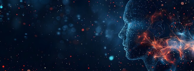 Poster - Abstract human head with neural connections and artificial intelligence concept on dark blue background, vector illustration or banner design for digital technology theme. 