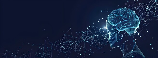 Poster - Artificial Intelligence and clusters of neural networks connecting to a human head on a dark blue background vector illustration with copy space for text web banner, poster or cover design.