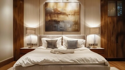 Poster -   A white comforter adorns a bed, with two lamps on either side A painting hangs above