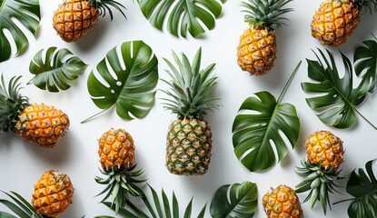 Wall Mural - Tropical Pineapple and Monstera Leaf Flat Lay