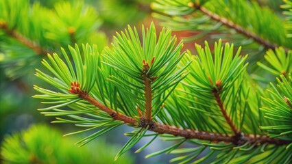 Wall Mural - A close-up shot of a vibrant pine tree branch with fresh green needles, nature, evergreen, forest, outdoors, tree, conifer, plant