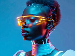 Wall Mural - A woman wearing a futuristic outfit with neon lights and a glowing headpiece. The image conveys a futuristic and futuristic vibe, with the woman's appearance and the surrounding environment