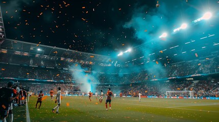 Wall Mural - Exciting Soccer Match Under Stadium Lights With Colorful Confetti Celebrations at Night