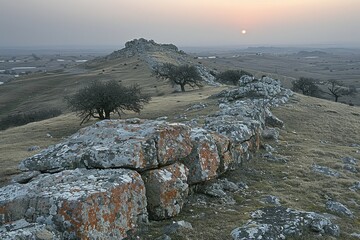 Wall Mural - Stone Wall on a Hilltop at Sunset