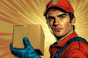 A vibrant pop art illustration of a delivery person holding a package, featuring bold colors and strong outlines for a dynamic effect.
