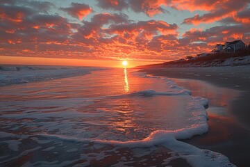 Wall Mural - Sunset over a beach with foamy waves and a house on the horizon