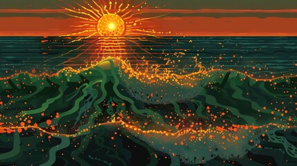 Wall Mural -   Painting of Sunset on Water Body with Wave in Foreground