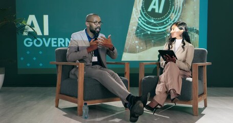 Poster - Conference, business people and speaker with host at stage for question, talk and speech at startup. Guest, technology and event at seminar for presentation on ai governance, policy and future rules
