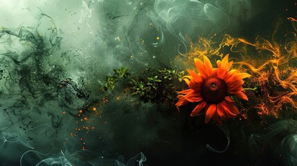 Poster -   Large orange flower atop lush green and yellow flowers, surrounded by water and smoke