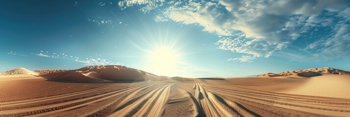 Poster - Sandy desert landscape with tire tracks under a bright sun