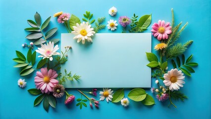 Wall Mural - Blue background with flowers and leaves, adorned with a paper card note, representing a nature theme , nature, floral