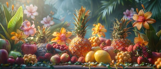 Wall Mural - Tropical Fruit Abundance in a Sunlit Garden