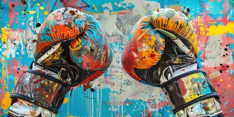 Wall Mural - Two red boxing gloves on blue splattered background.