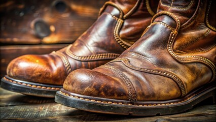 Close-up of worn leather boots with detailed stitching and aged patina , old, leather, boots, close-up, worn, detailed, stitching